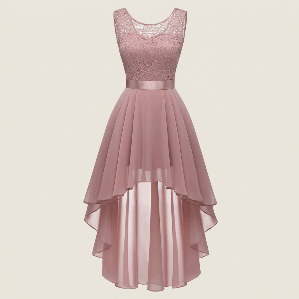Vestido Cóctel Encaje Falda Asimétrica Gasa para Mujer