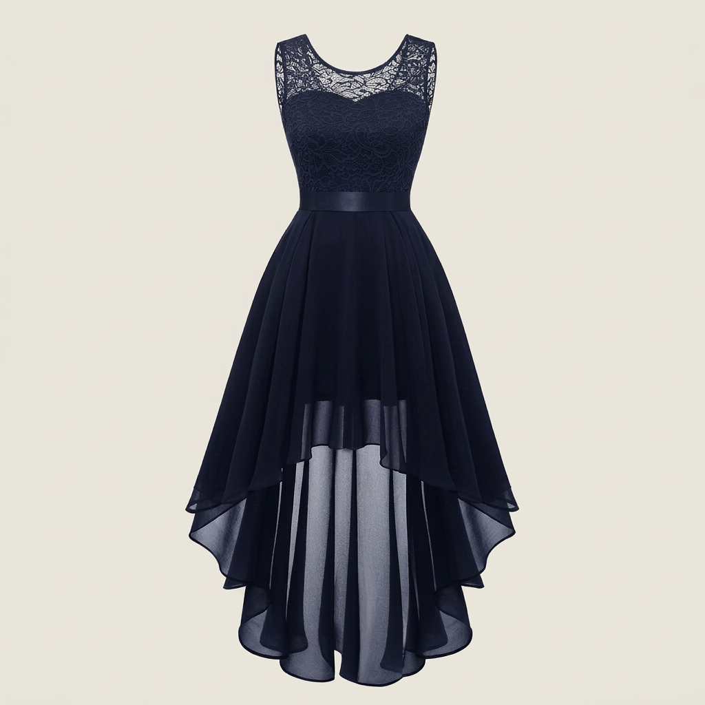 Vestido Cóctel Encaje Falda Asimétrica Gasa para Mujer