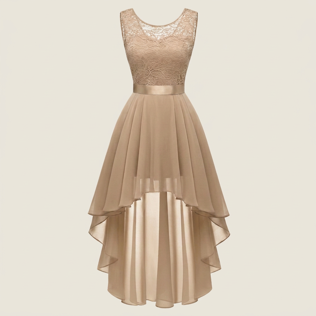 Vestido Cóctel Encaje Falda Asimétrica Gasa para Mujer