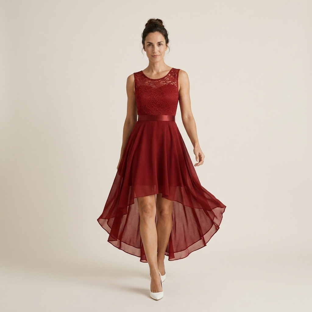 Vestido Cóctel Encaje Falda Asimétrica Gasa para Mujer
