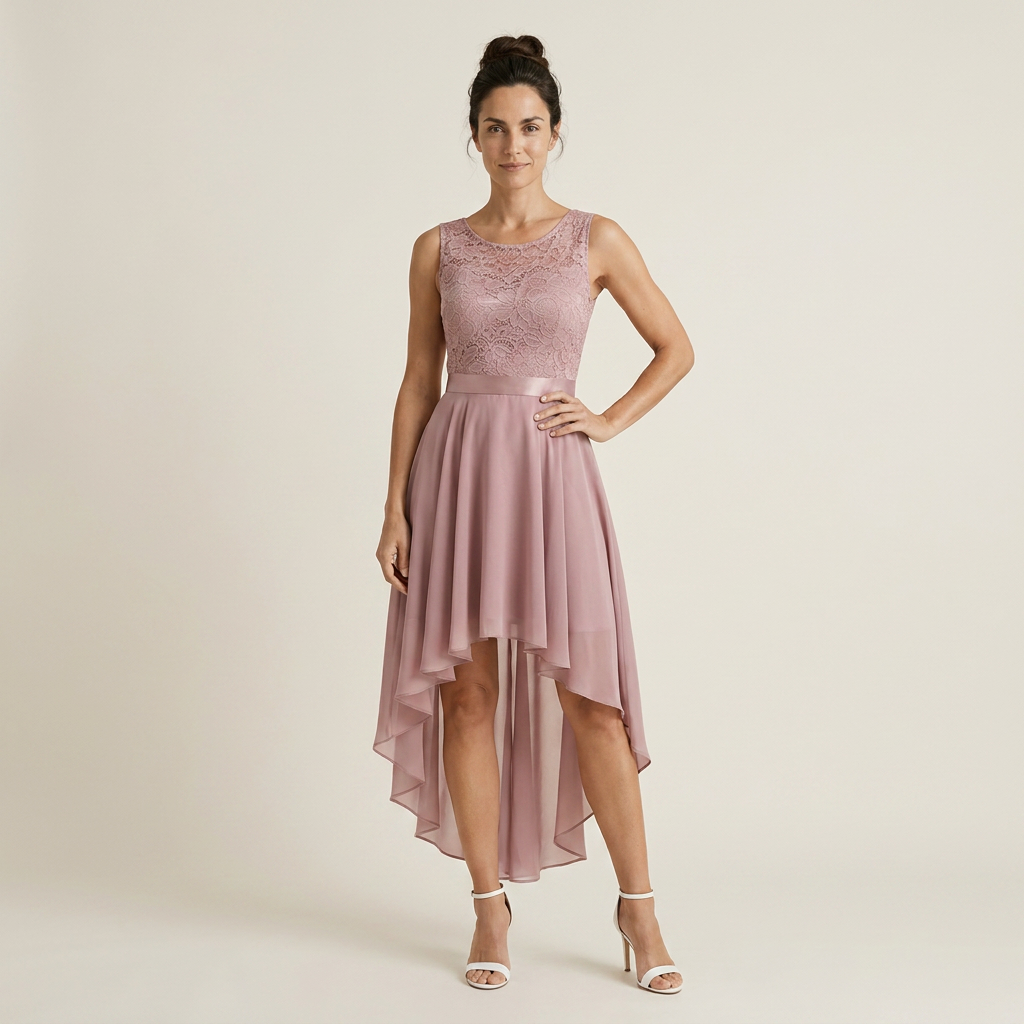 Vestido Cóctel Encaje Falda Asimétrica Gasa para Mujer