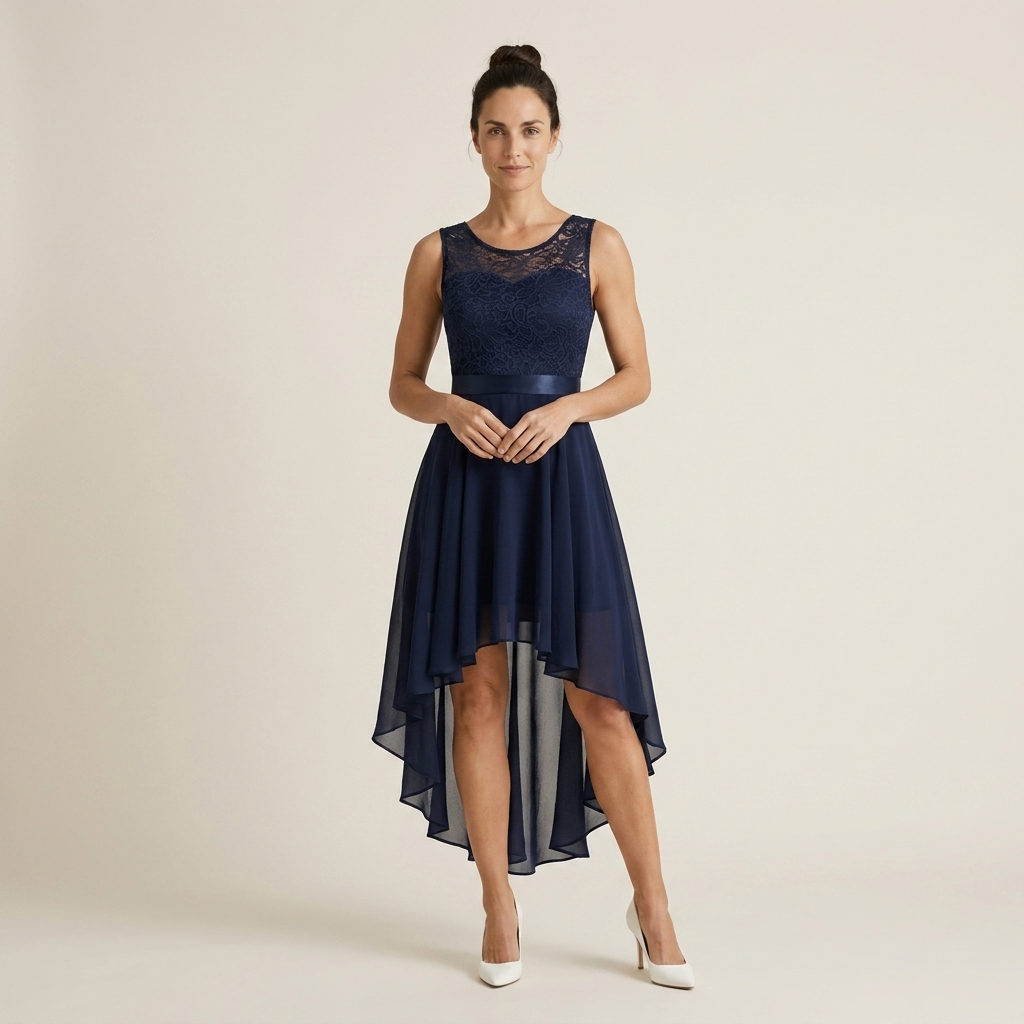 Vestido Cóctel Encaje Falda Asimétrica Gasa para Mujer