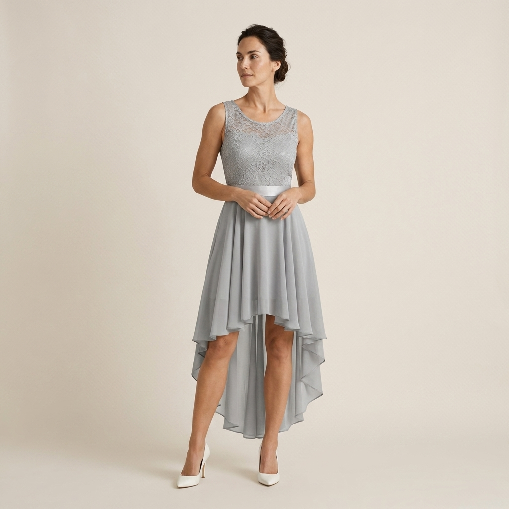 Vestido Cóctel Encaje Falda Asimétrica Gasa para Mujer
