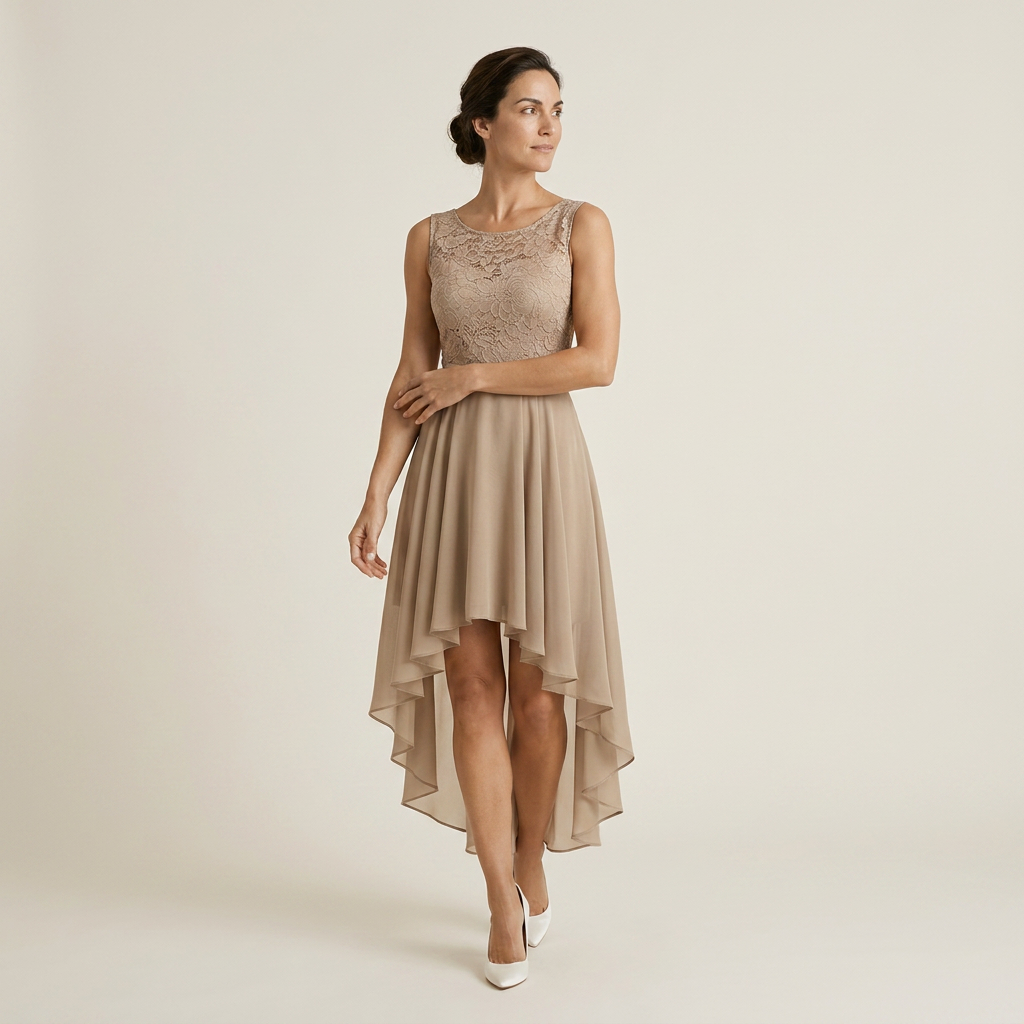 Vestido Cóctel Encaje Falda Asimétrica Gasa para Mujer