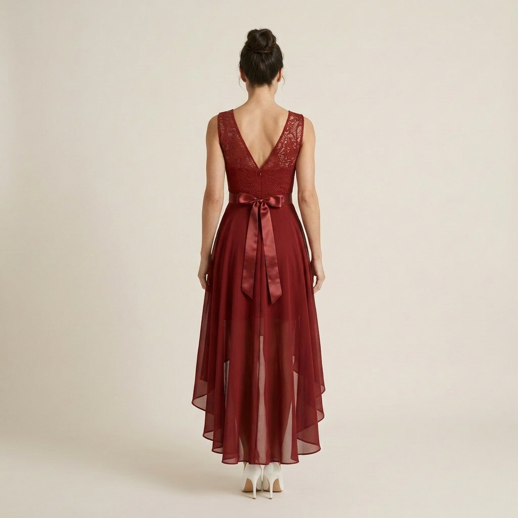 Vestido Cóctel Encaje Falda Asimétrica Gasa para Mujer