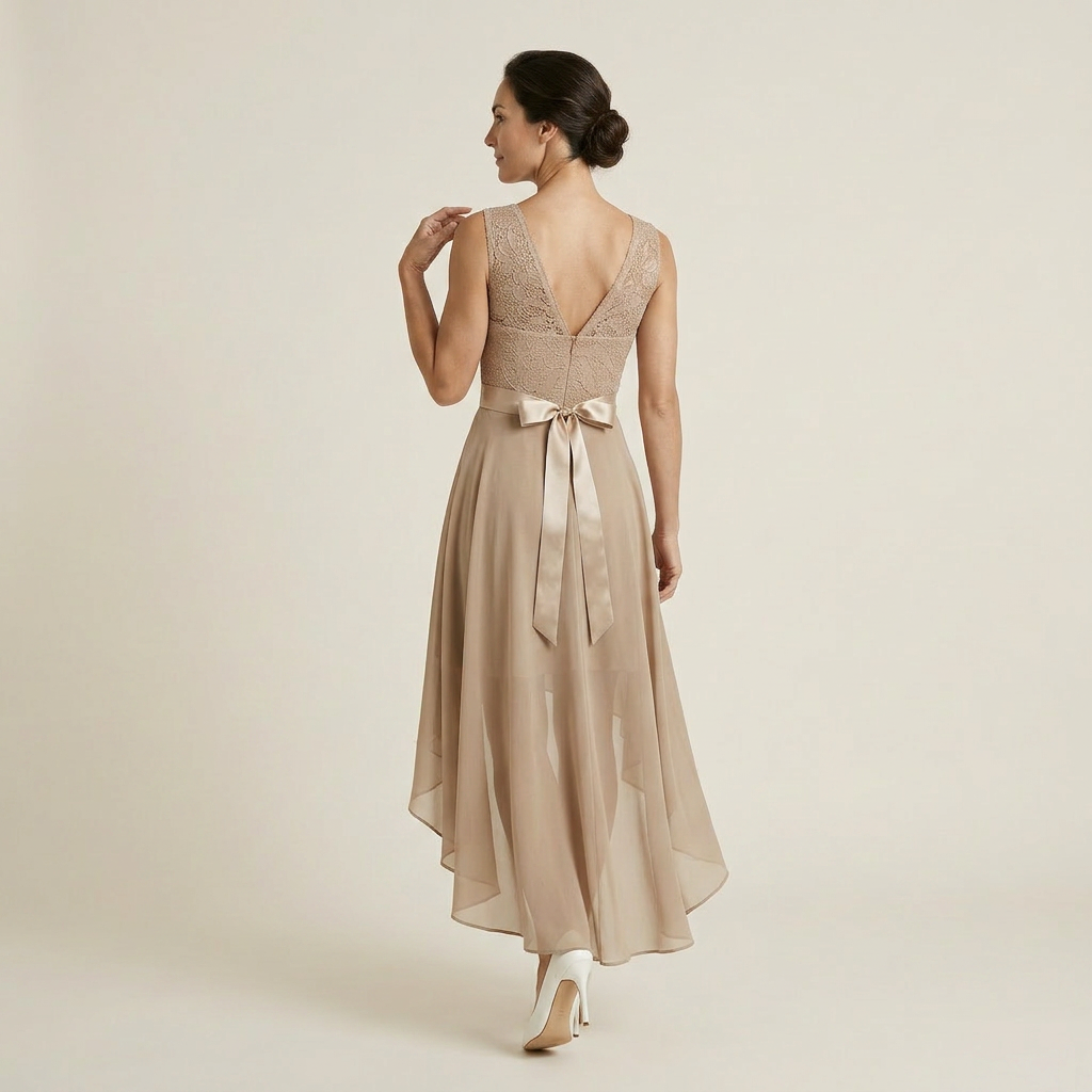 Vestido Cóctel Encaje Falda Asimétrica Gasa para Mujer