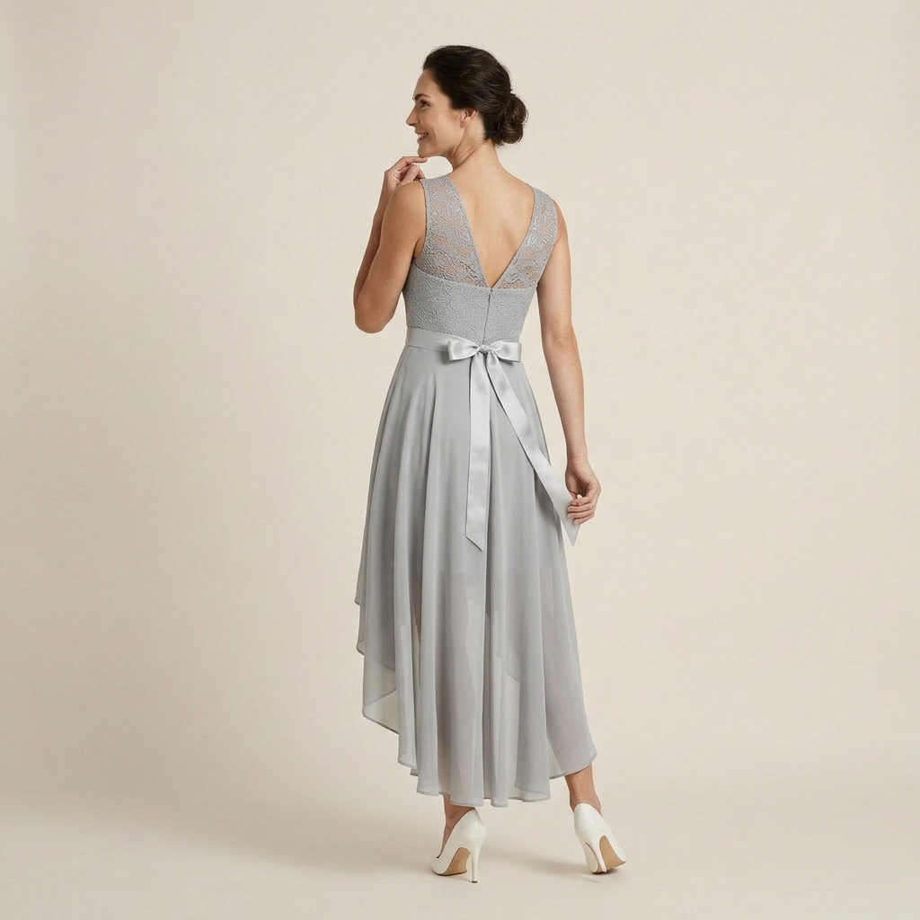 Vestido Cóctel Encaje Falda Asimétrica Gasa para Mujer