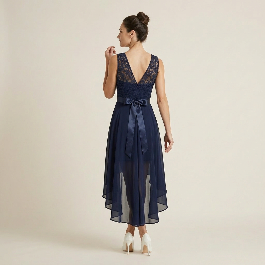 Vestido Cóctel Encaje Falda Asimétrica Gasa para Mujer