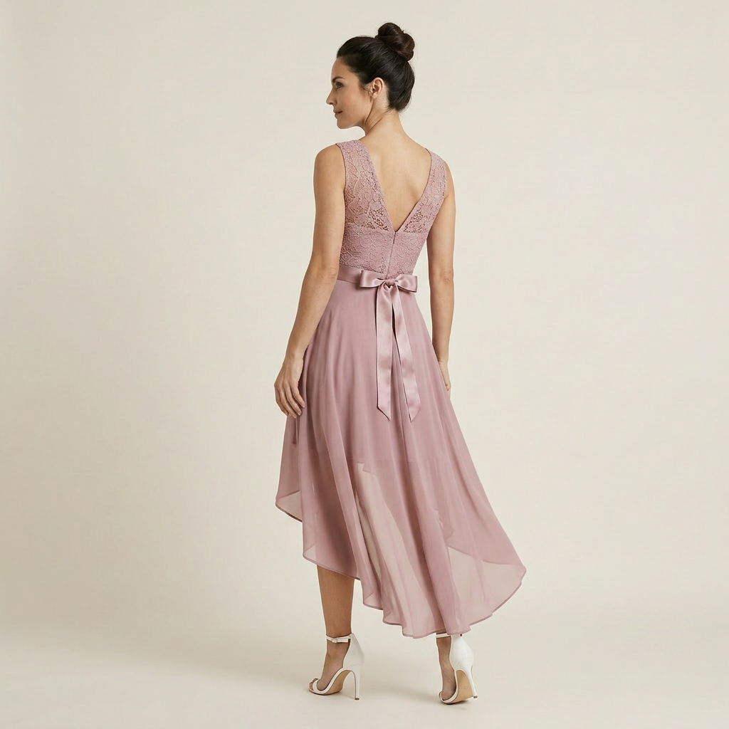 Vestido Cóctel Encaje Falda Asimétrica Gasa para Mujer