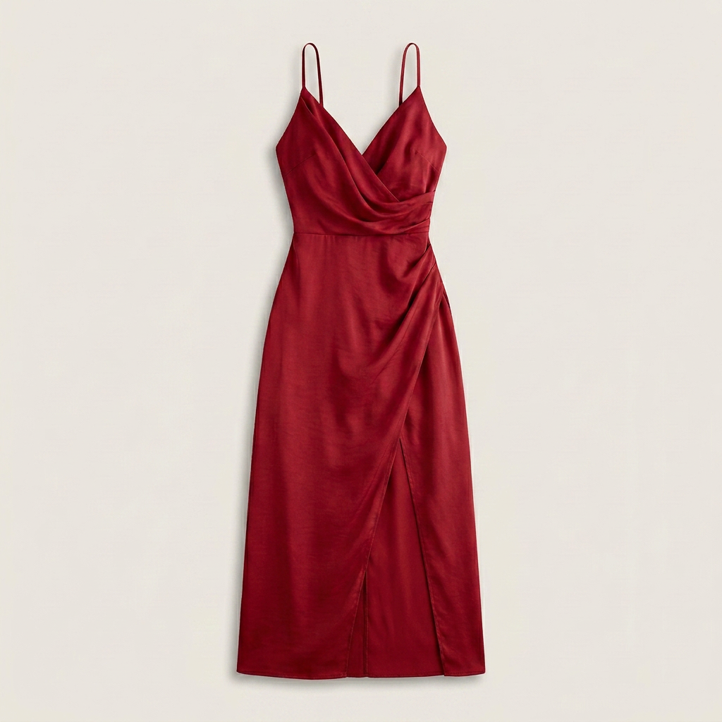 Vestido Midi Satén Cruzado Abertura Lateral para Mujer