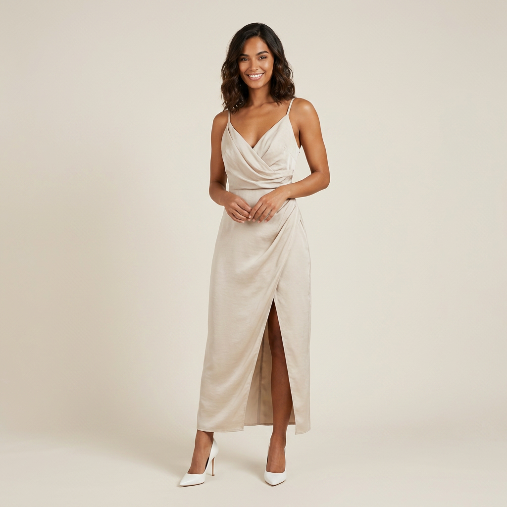 Vestido Midi Satén Cruzado Abertura Lateral para Mujer