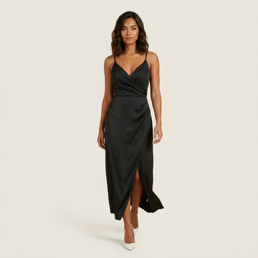 Vestido Midi Satén Cruzado Abertura Lateral para Mujer