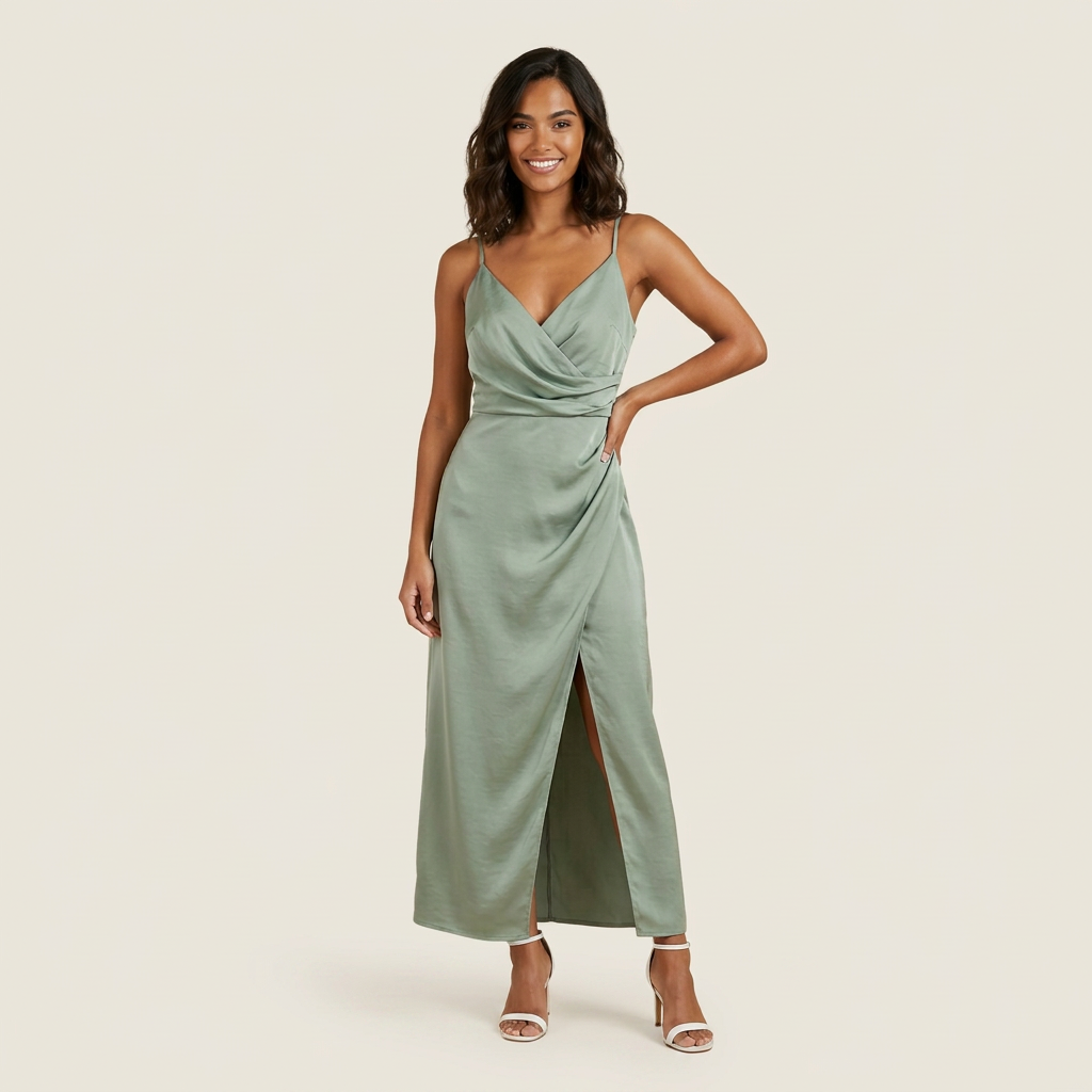 Vestido Midi Satén Cruzado Abertura Lateral para Mujer
