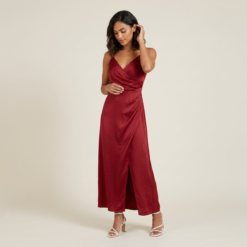 Vestido Midi Satén Cruzado Abertura Lateral para Mujer