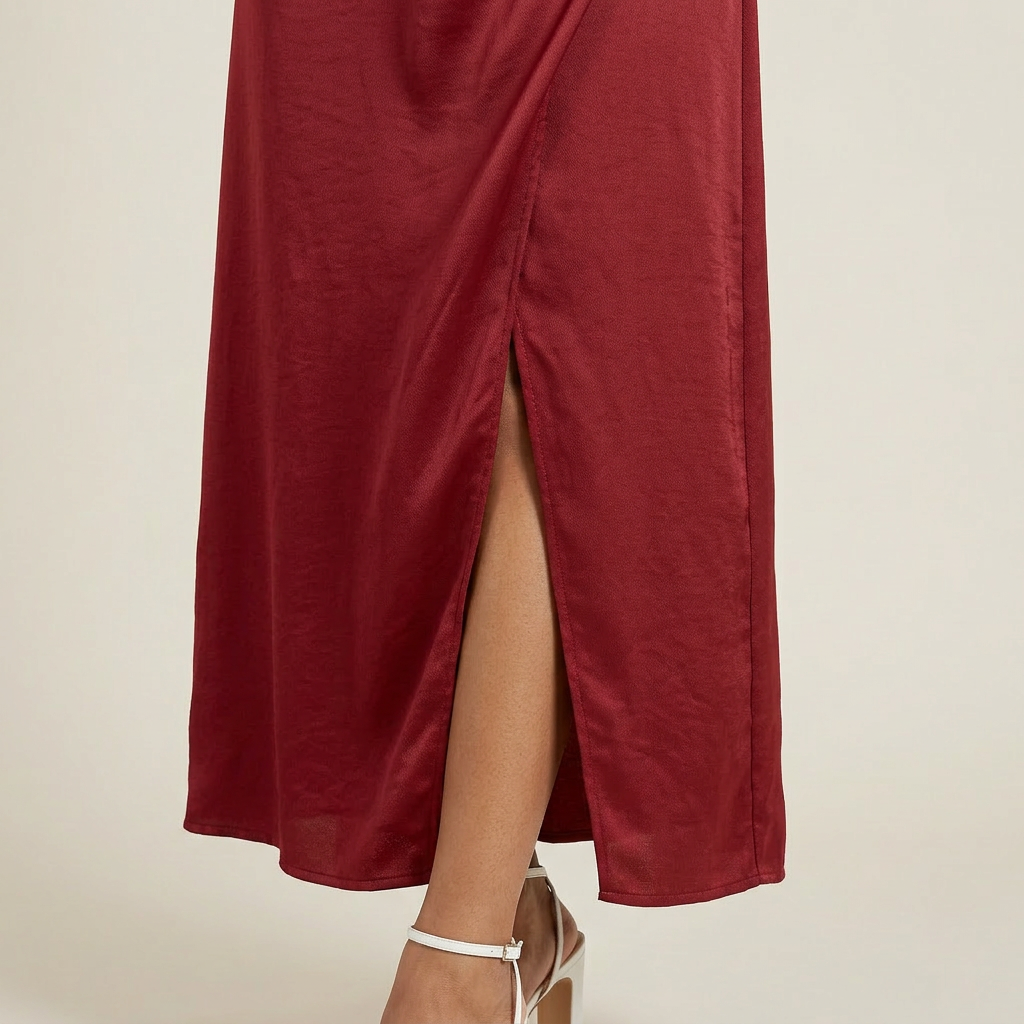Vestido Midi Satén Cruzado Abertura Lateral para Mujer