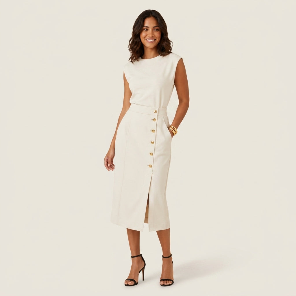 Vestido Midi Cuello Redondo Botones Frontales para Mujer