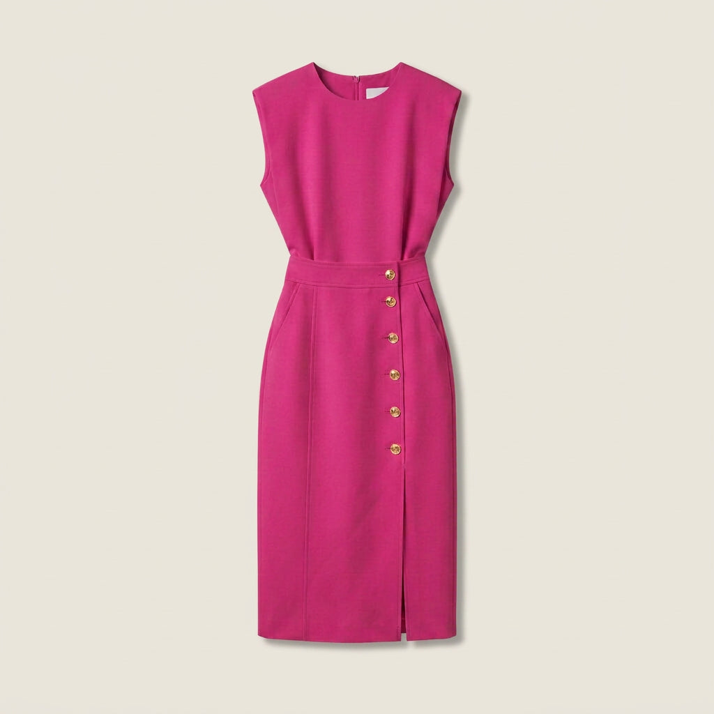 Vestido Midi Cuello Redondo Botones Frontales para Mujer