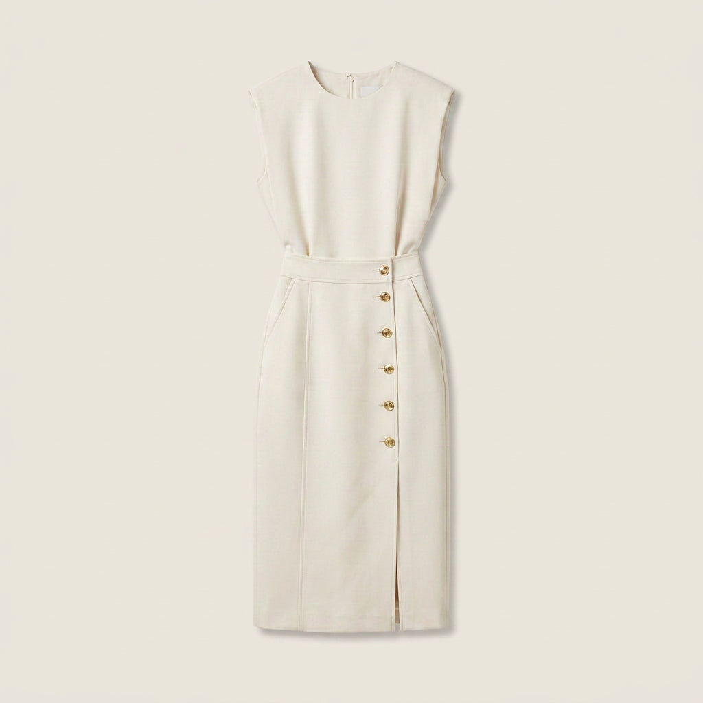 Vestido Midi Cuello Redondo Botones Frontales para Mujer