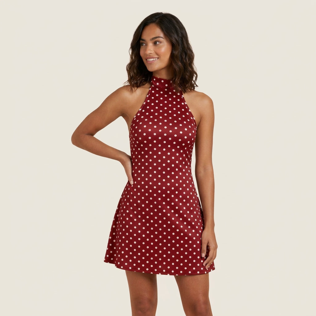 Vestido Corto de Lunares con Cuello Halter para Mujer