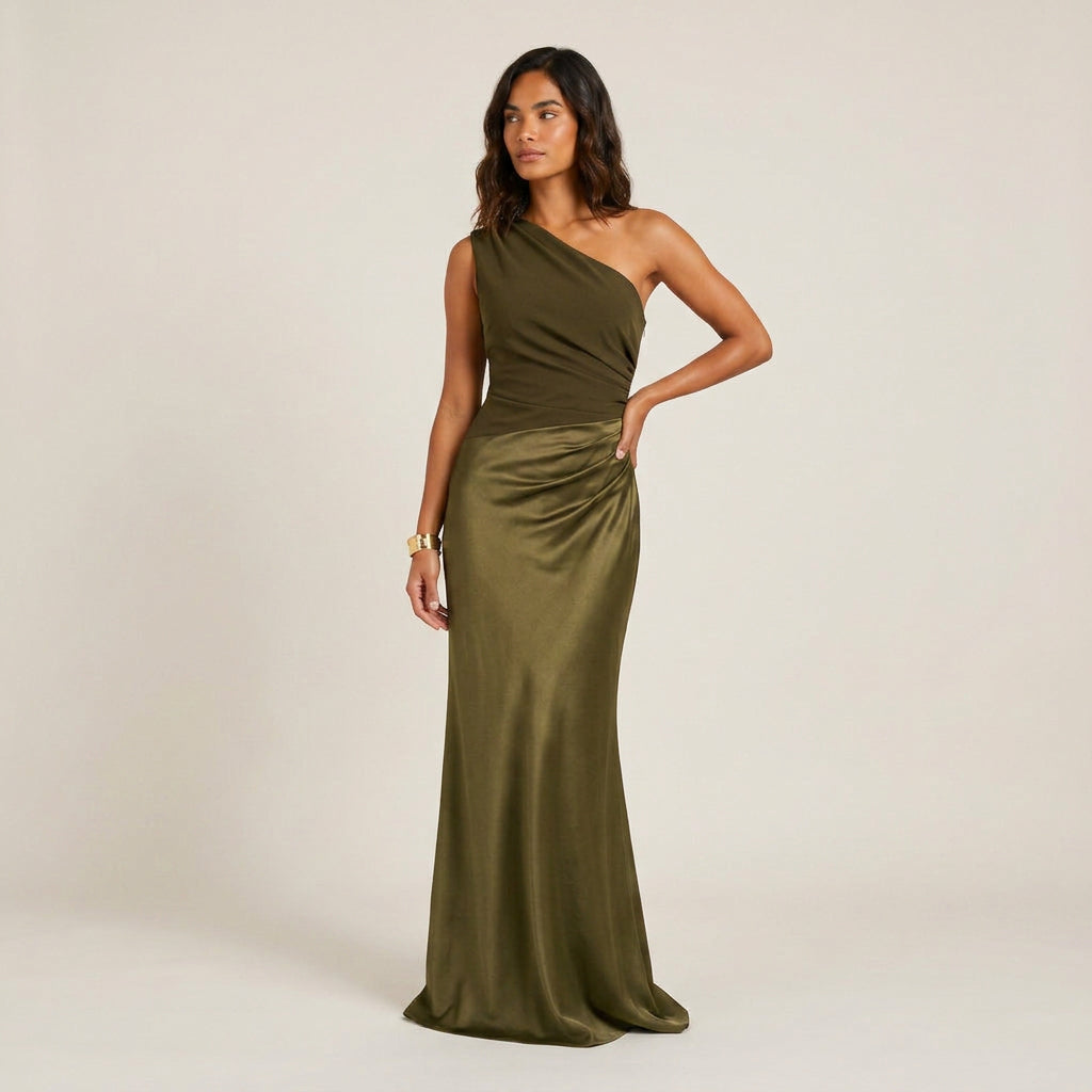 Vestido Largo Un Hombro Satén Fruncido Lateral para Mujer