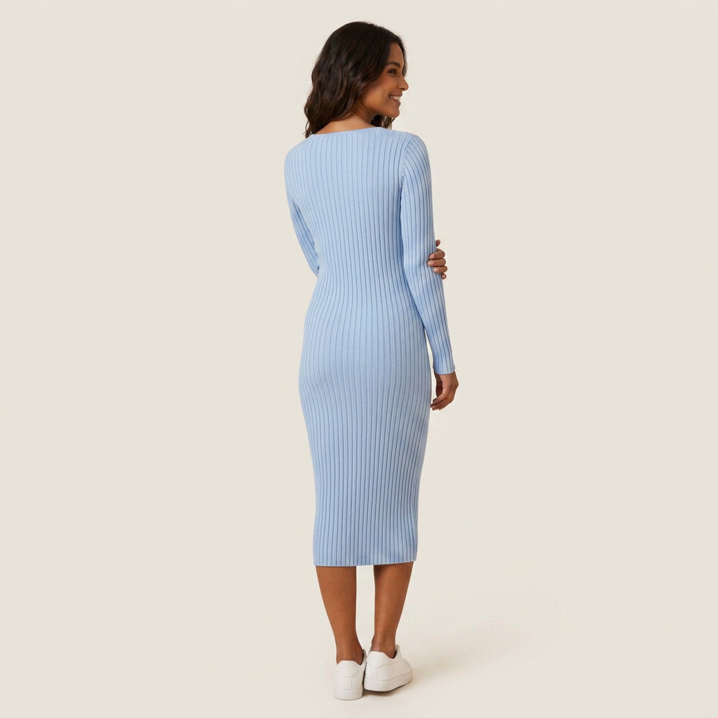 Vestido Midi de Canalé con Escote de Pico para Mujer