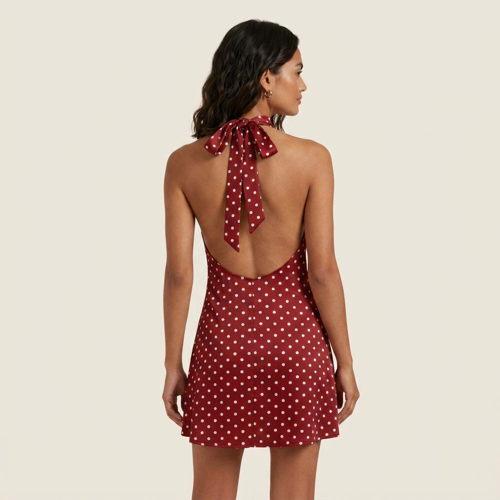 Vestido Corto de Lunares con Cuello Halter para Mujer