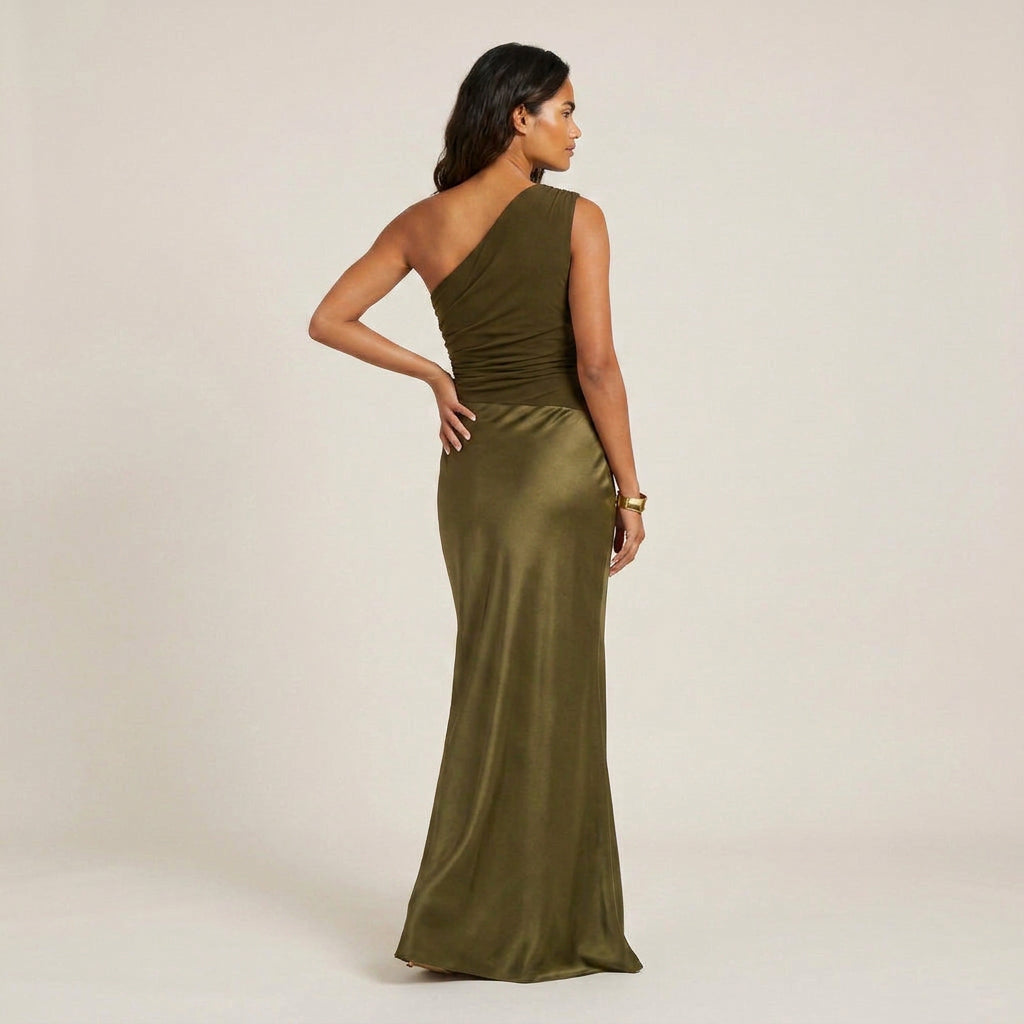 Vestido Largo Un Hombro Satén Fruncido Lateral para Mujer