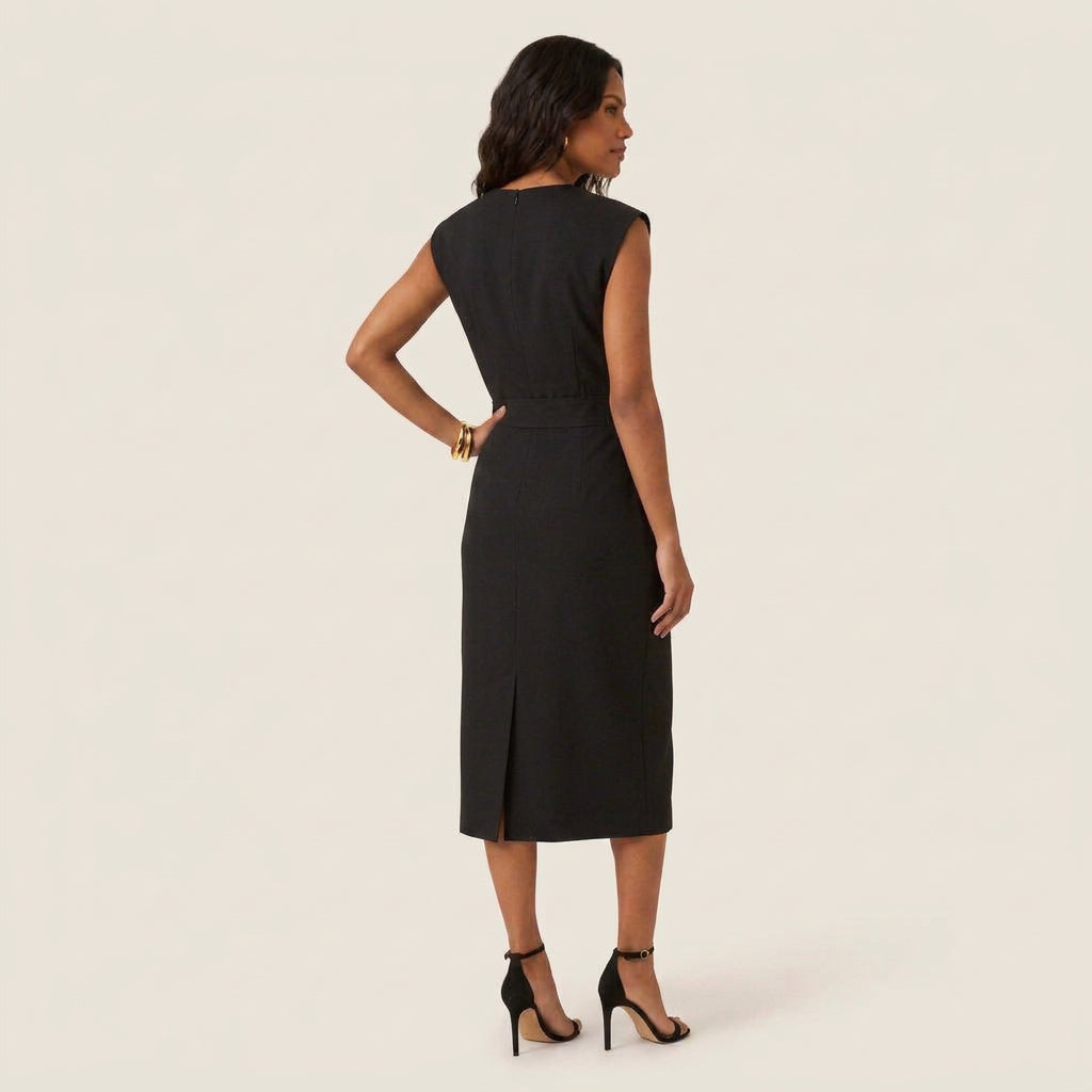 Vestido Midi Cuello Redondo Botones Frontales para Mujer