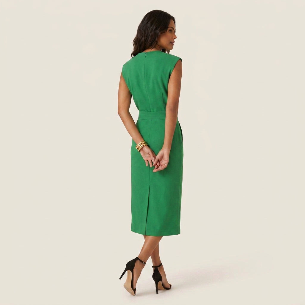 Vestido Midi Cuello Redondo Botones Frontales para Mujer
