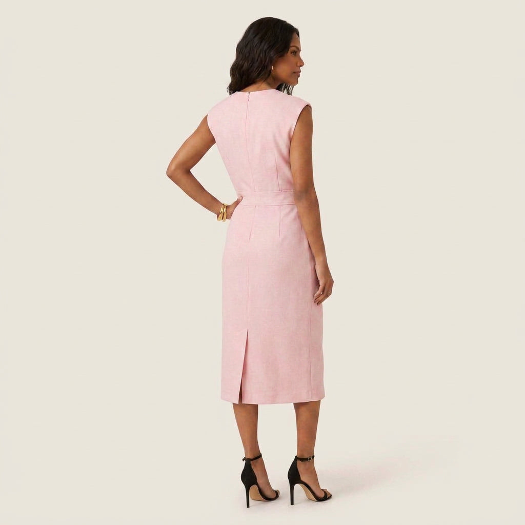 Vestido Midi Cuello Redondo Botones Frontales para Mujer