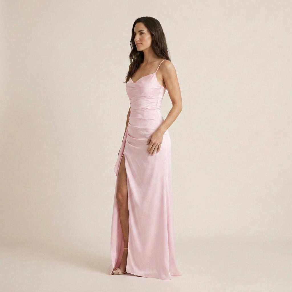 Vestido Largo Efecto Satén con Abertura para Mujer