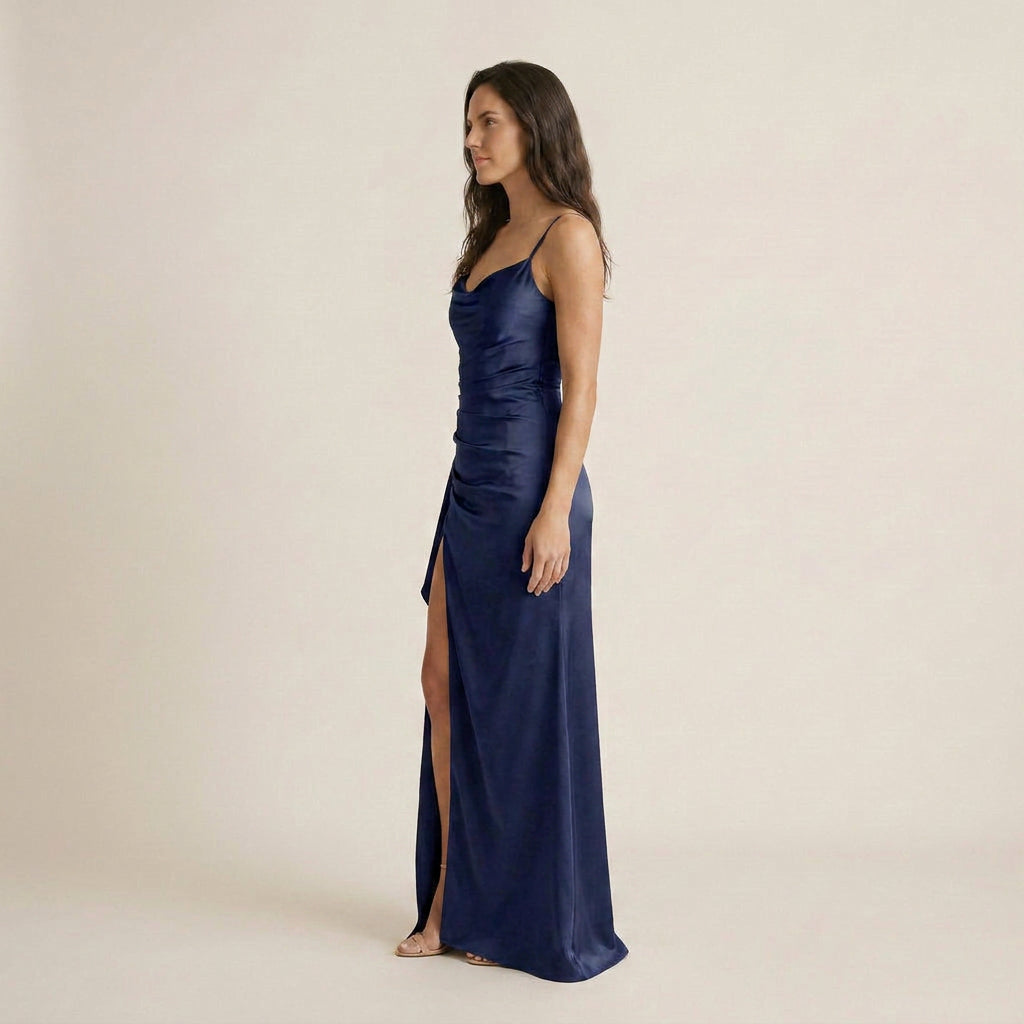 Vestido Largo Efecto Satén con Abertura para Mujer