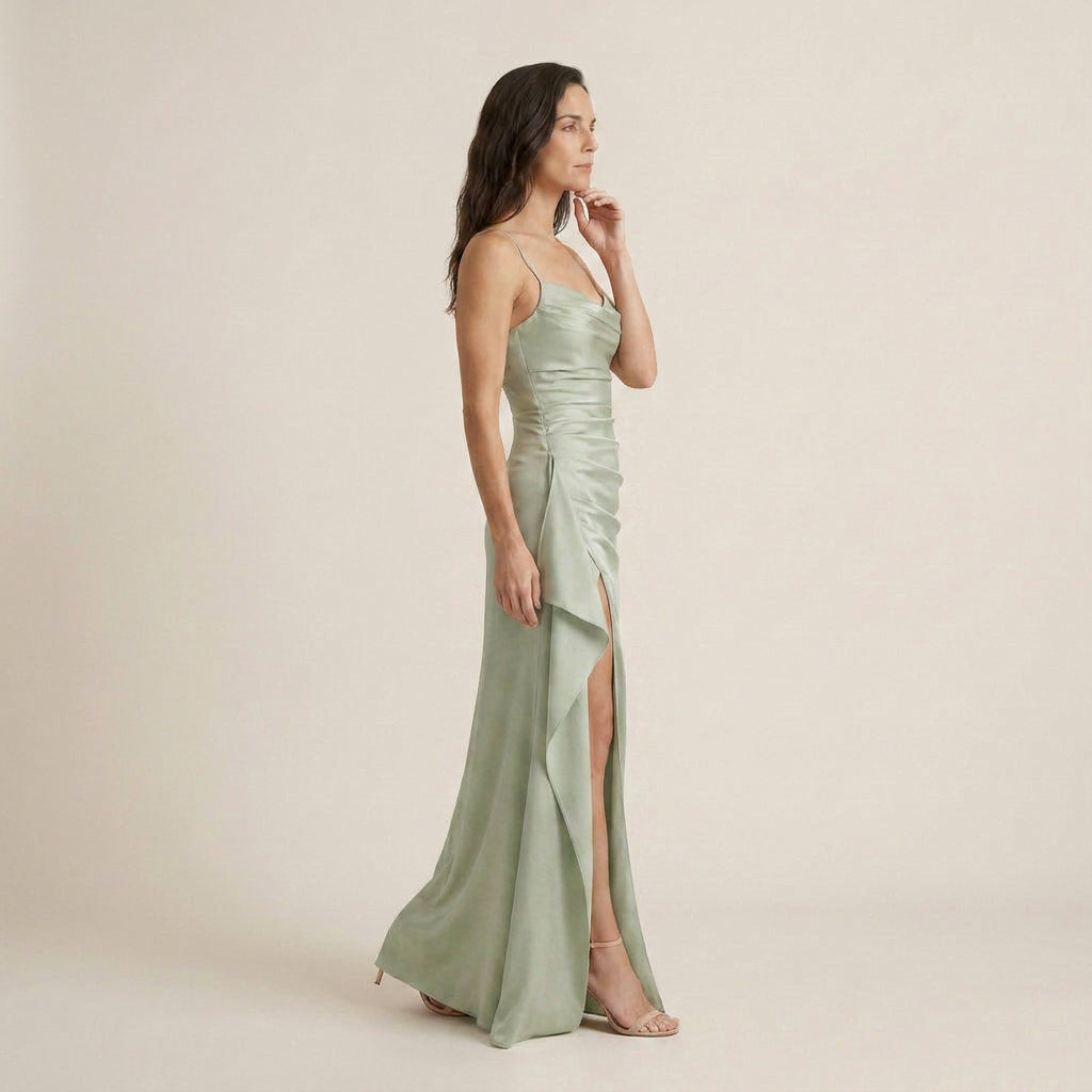 Vestido Largo Efecto Satén con Abertura para Mujer