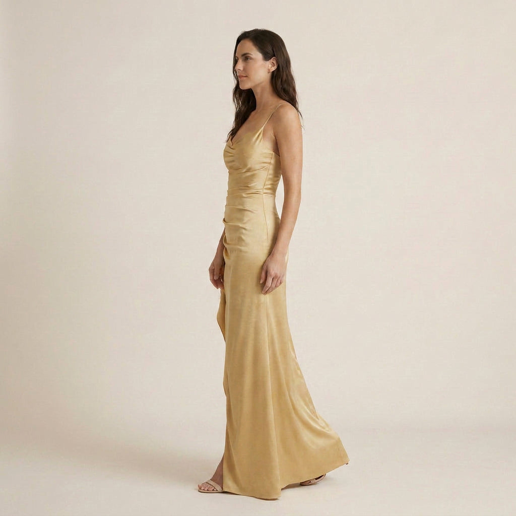Vestido Largo Efecto Satén con Abertura para Mujer