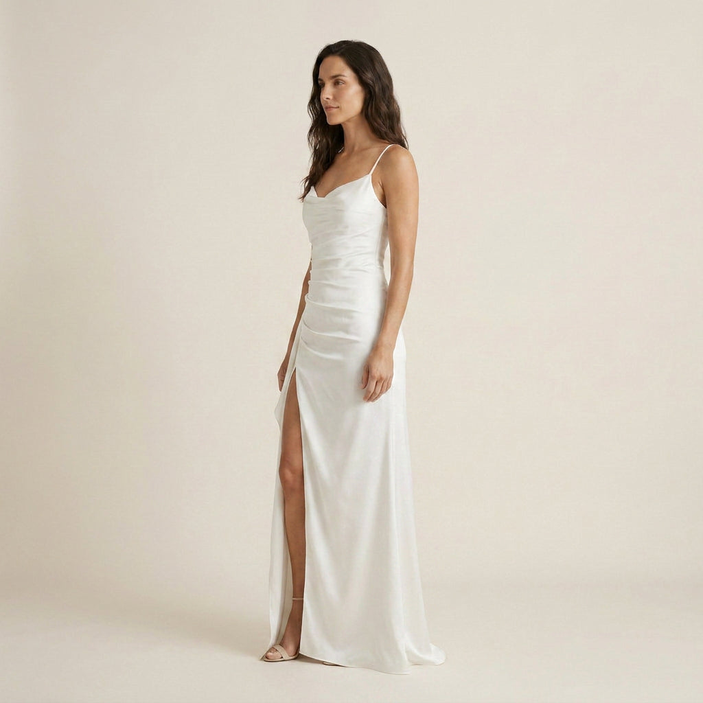 Vestido Largo Efecto Satén con Abertura para Mujer