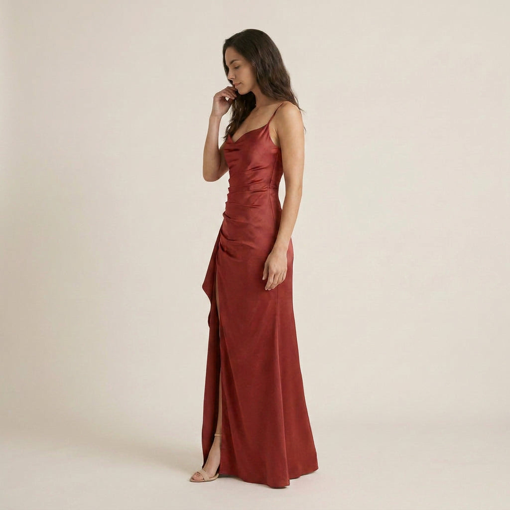 Vestido Largo Efecto Satén con Abertura para Mujer