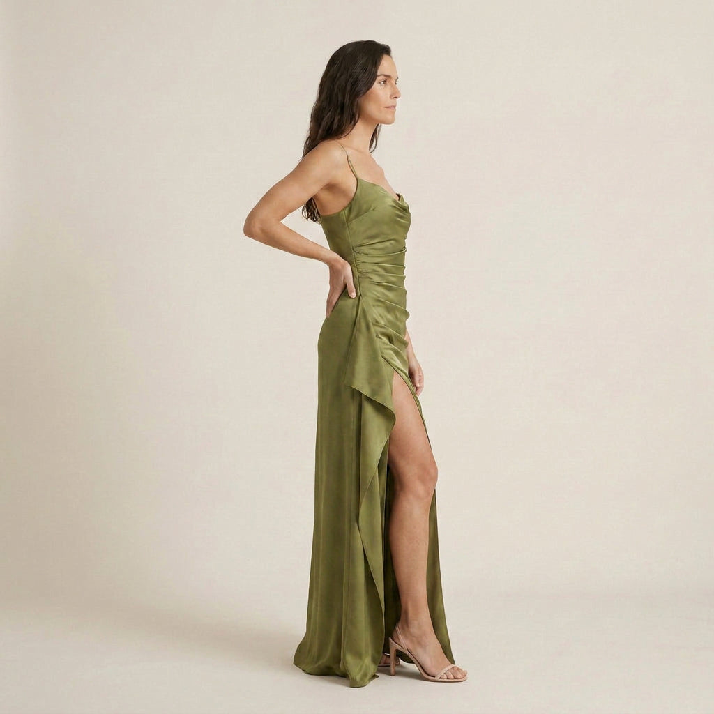 Vestido Largo Efecto Satén con Abertura para Mujer