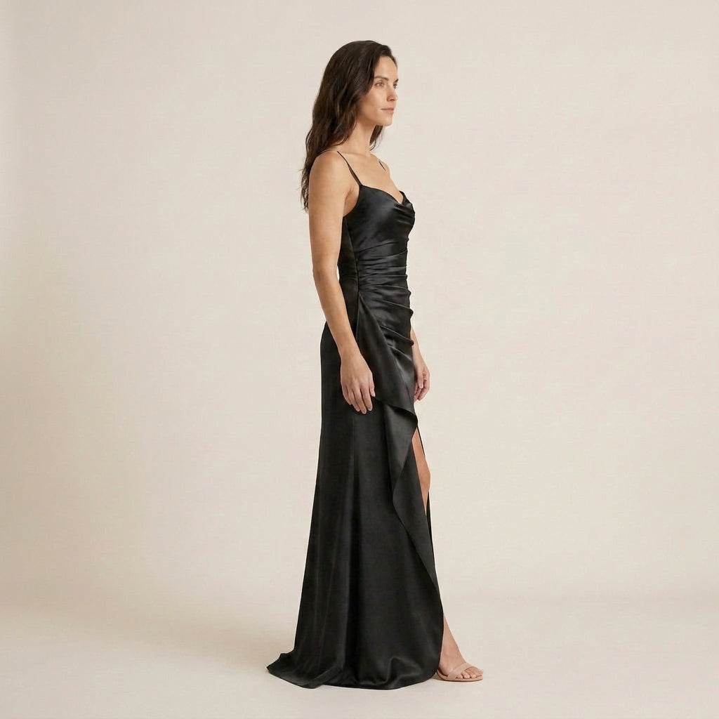 Vestido Largo Efecto Satén con Abertura para Mujer