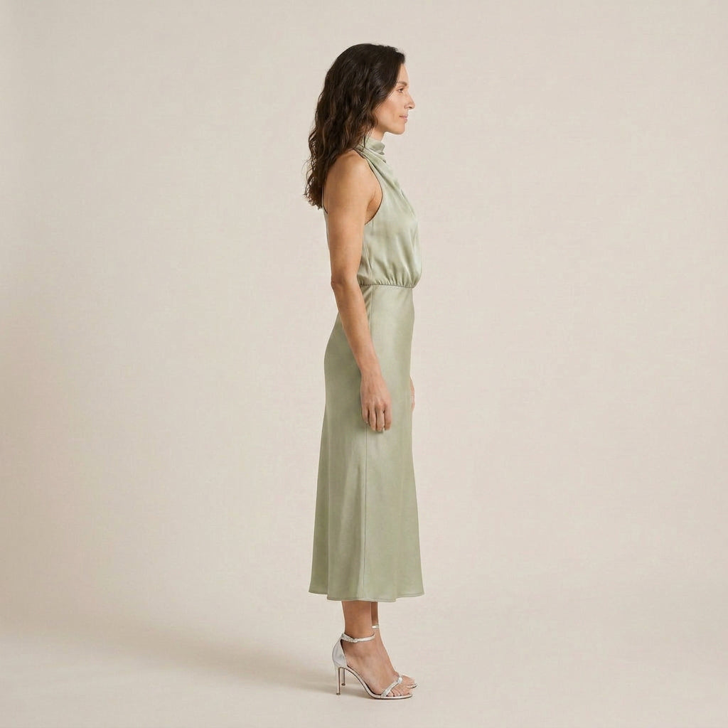Vestido Midi Cuello Alto Drapeado Halter para Mujer