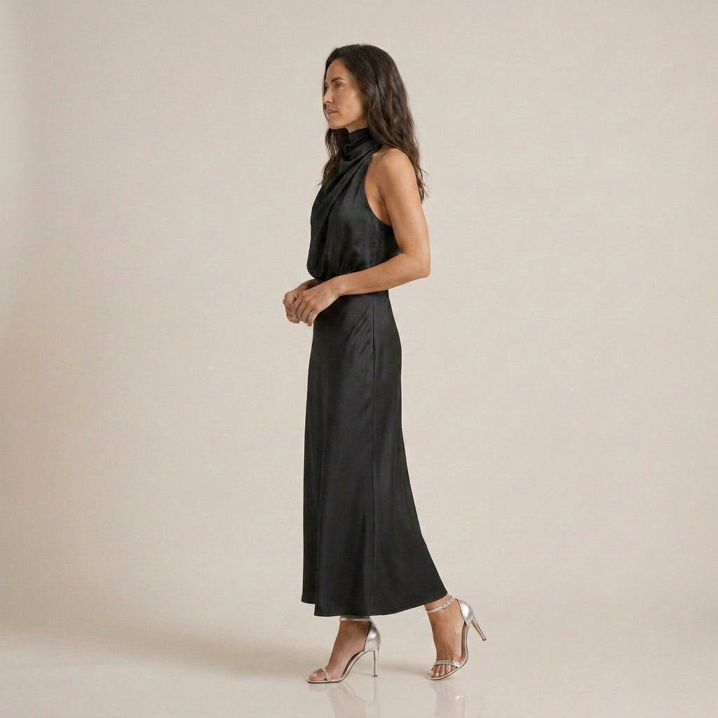 Vestido Midi Cuello Alto Drapeado Halter para Mujer