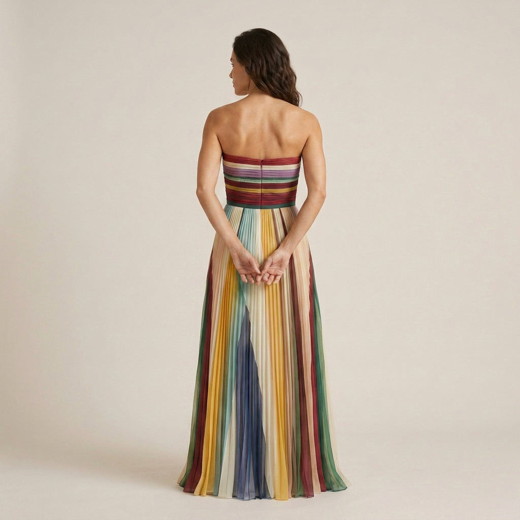 Vestido Largo Strapless Plisado Rayas Multicolor para Mujer