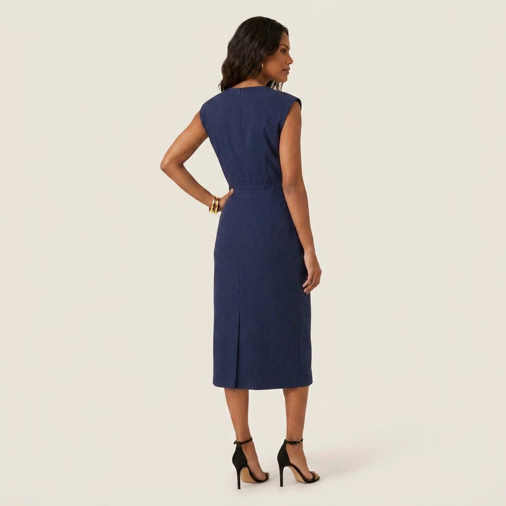 Vestido Midi Cuello Redondo Botones Frontales para Mujer