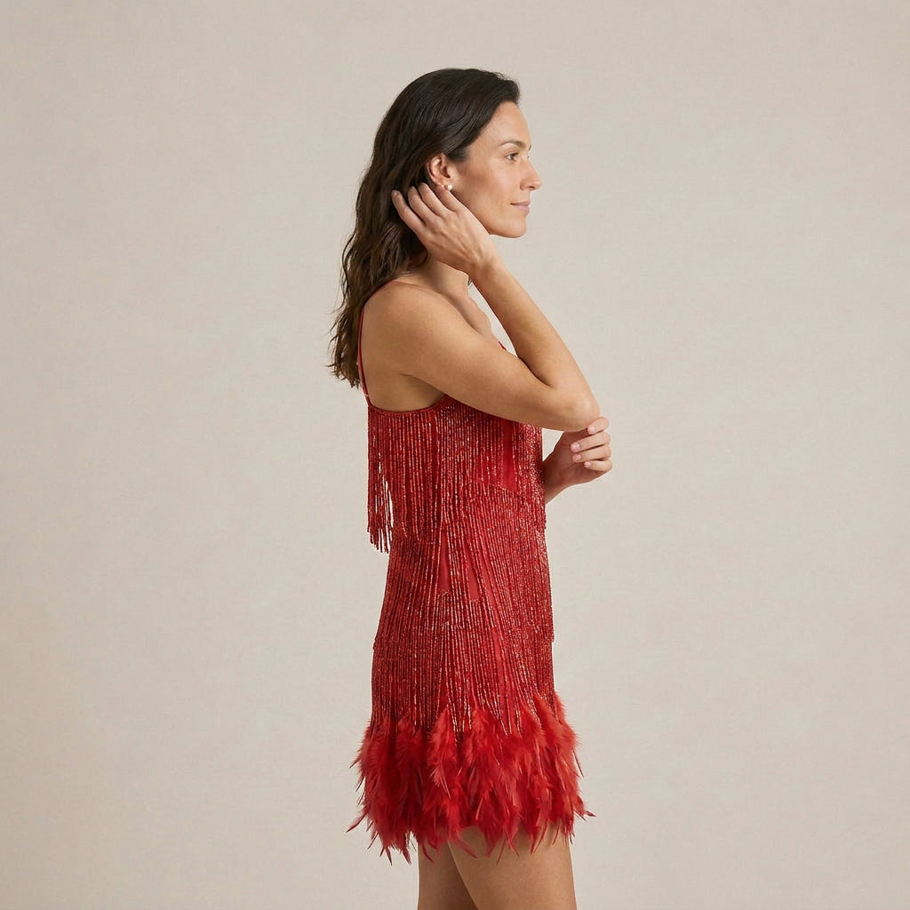 Vestido Mini Flecos Lentejuelas Plumas Tirantes para Mujer