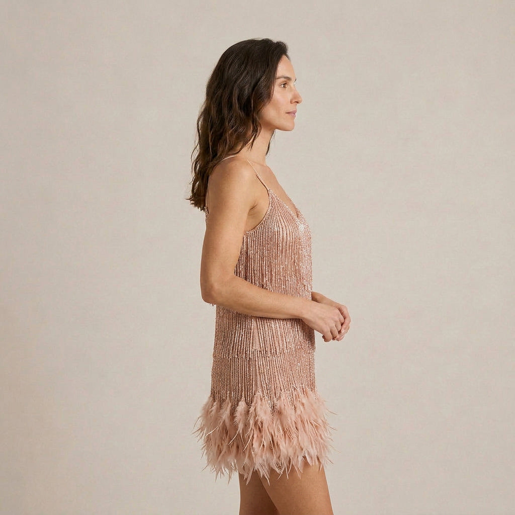 Vestido Mini Flecos Lentejuelas Plumas Tirantes para Mujer