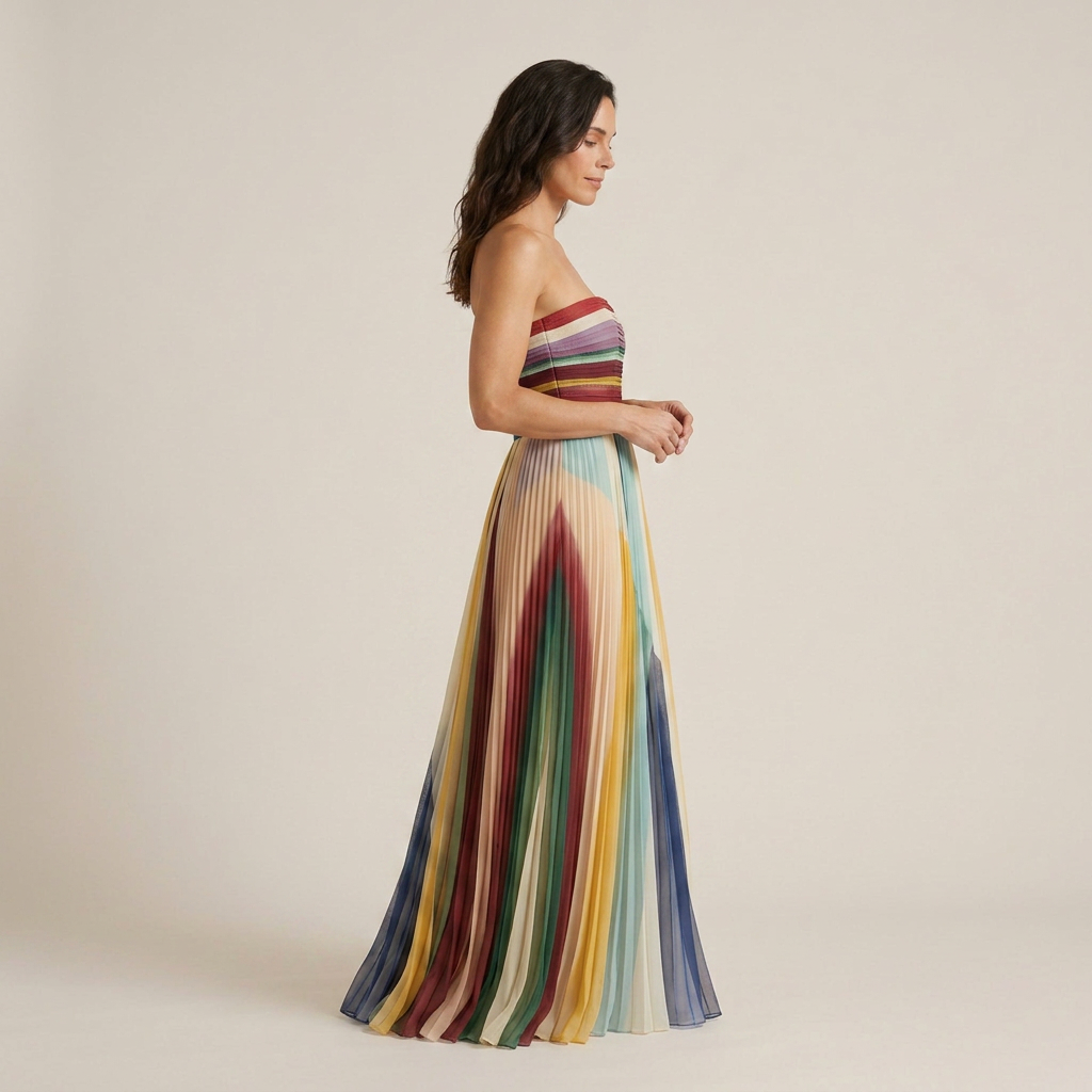 Vestido Largo Strapless Plisado Rayas Multicolor para Mujer