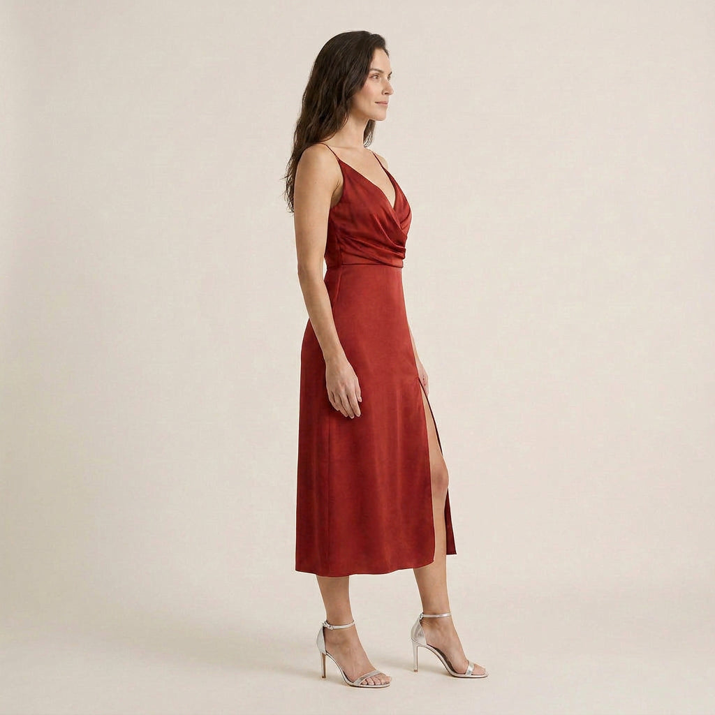 Vestido Midi Satinado Escote Cruzado para Mujer