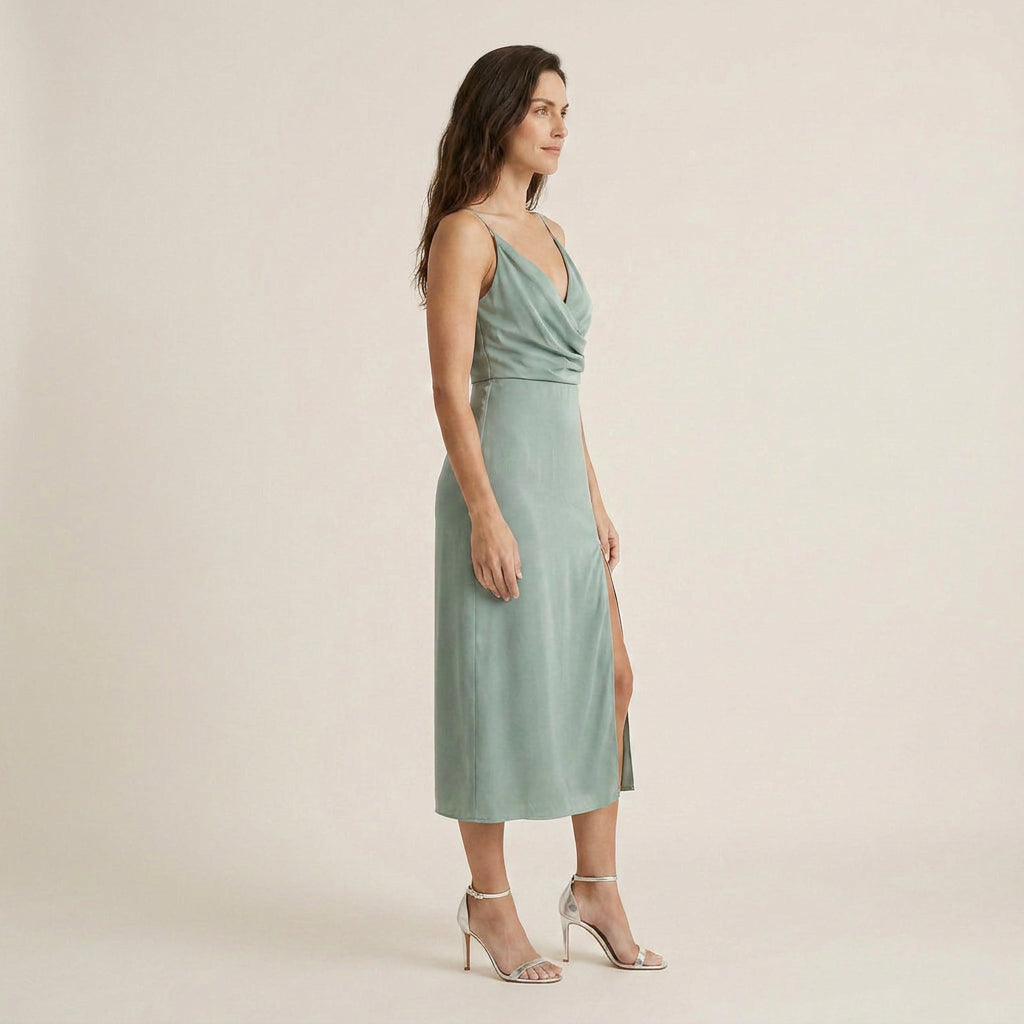 Vestido Midi Satinado Escote Cruzado para Mujer