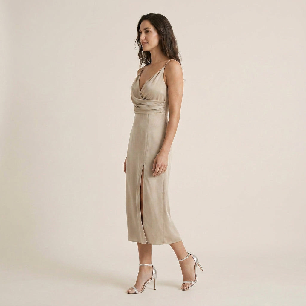 Vestido Midi Satinado Escote Cruzado para Mujer