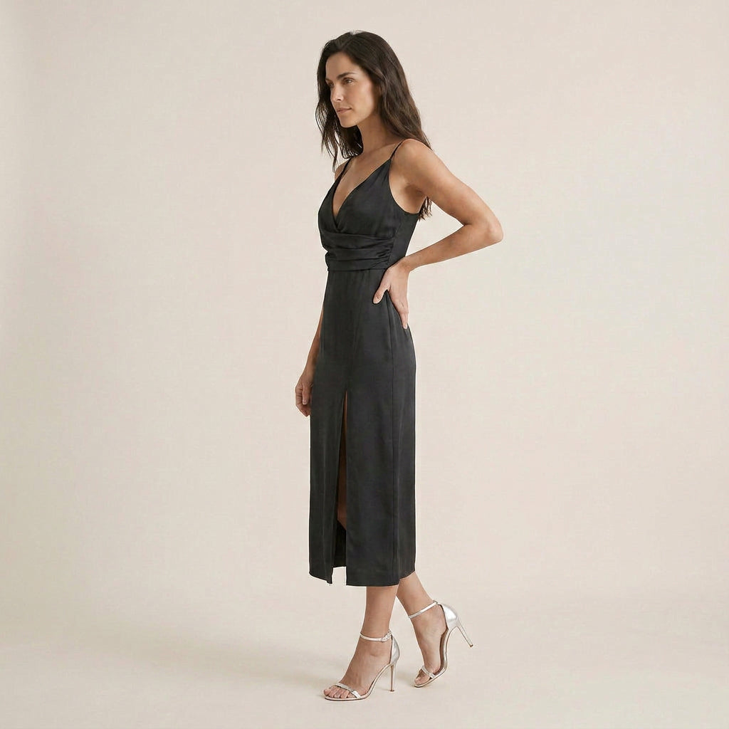 Vestido Midi Satinado Escote Cruzado para Mujer
