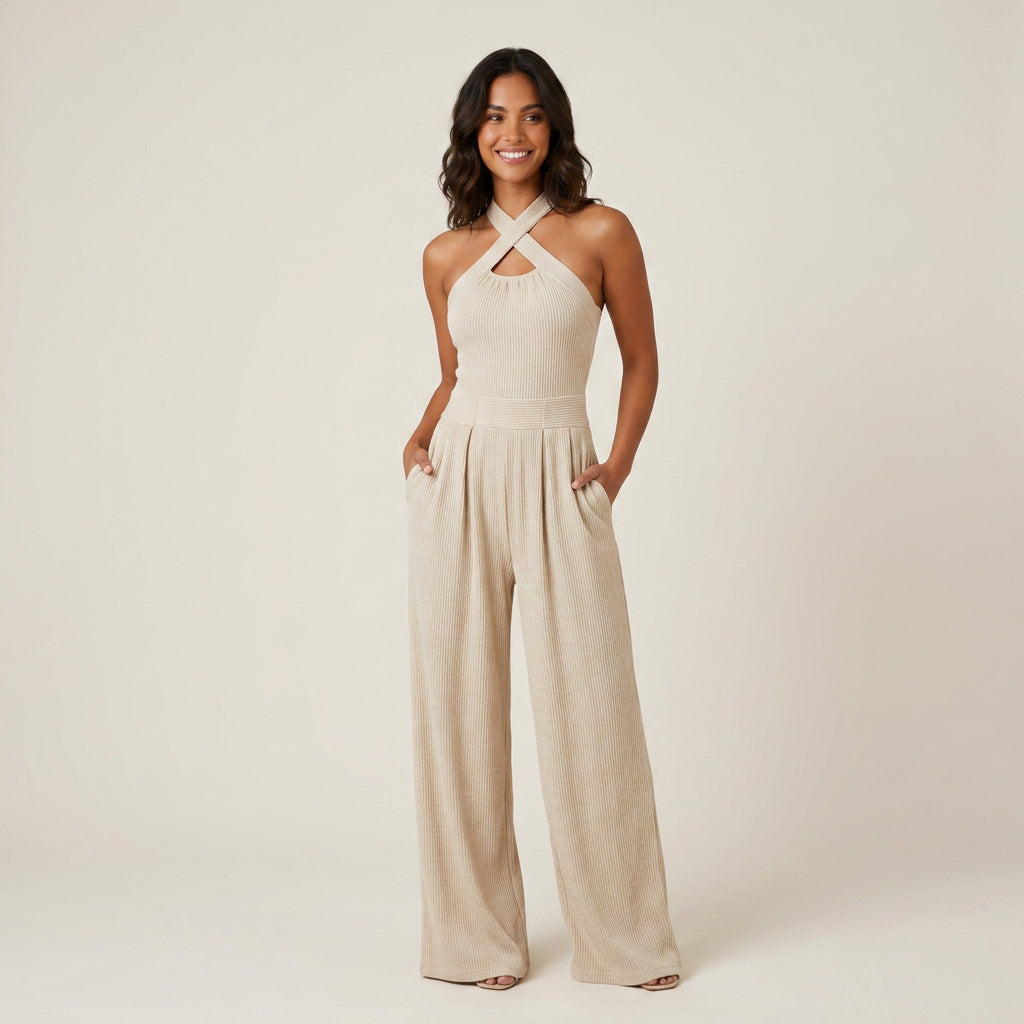 Mono Largo de Canalé con Cuello Halter para Mujer